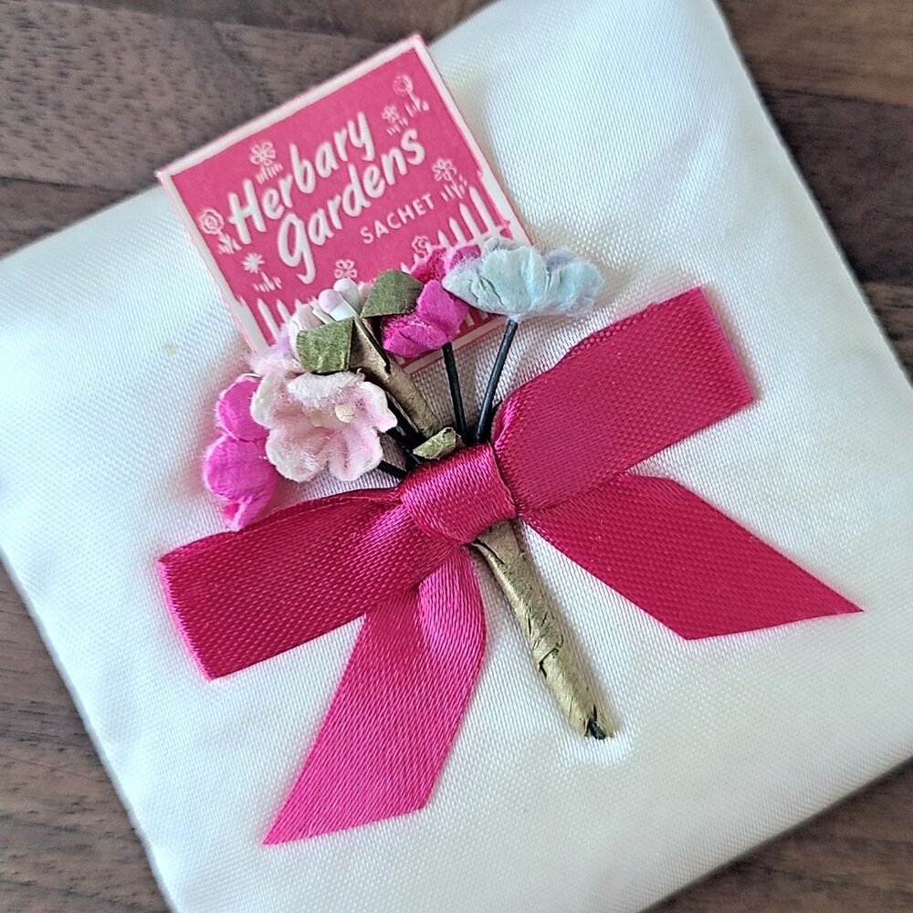 Vintage Herbary Gardens Satin Sachet Pink Ribbon Floral Drawer Freshener Display